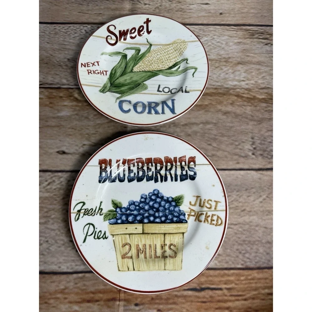 Home Trends FARM FRESH Set/2 Salad‎ Plates Corn & Blueberries Farmhouse Decor